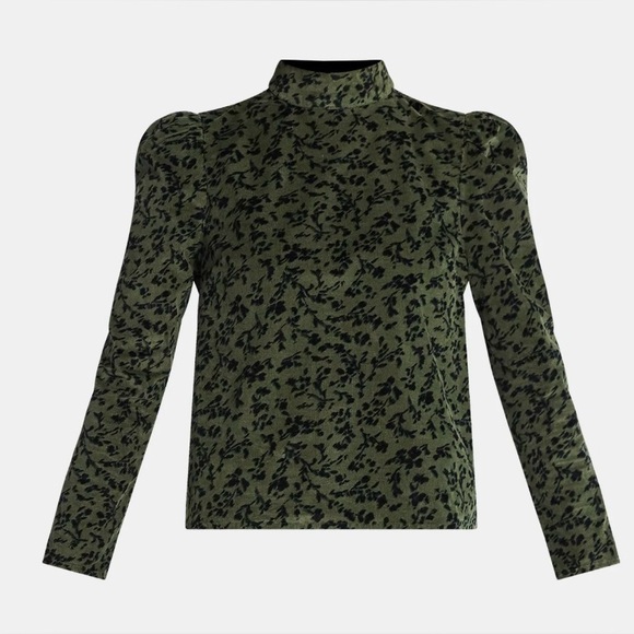 Tops - Olive Green Mock Neck Long Sleeve Top with Black Leaf Print